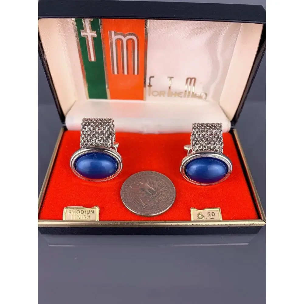 Blue Cabochon Rhodium Plated Cufflinks Chain Wrap Mid Century Foster Vintage NOS